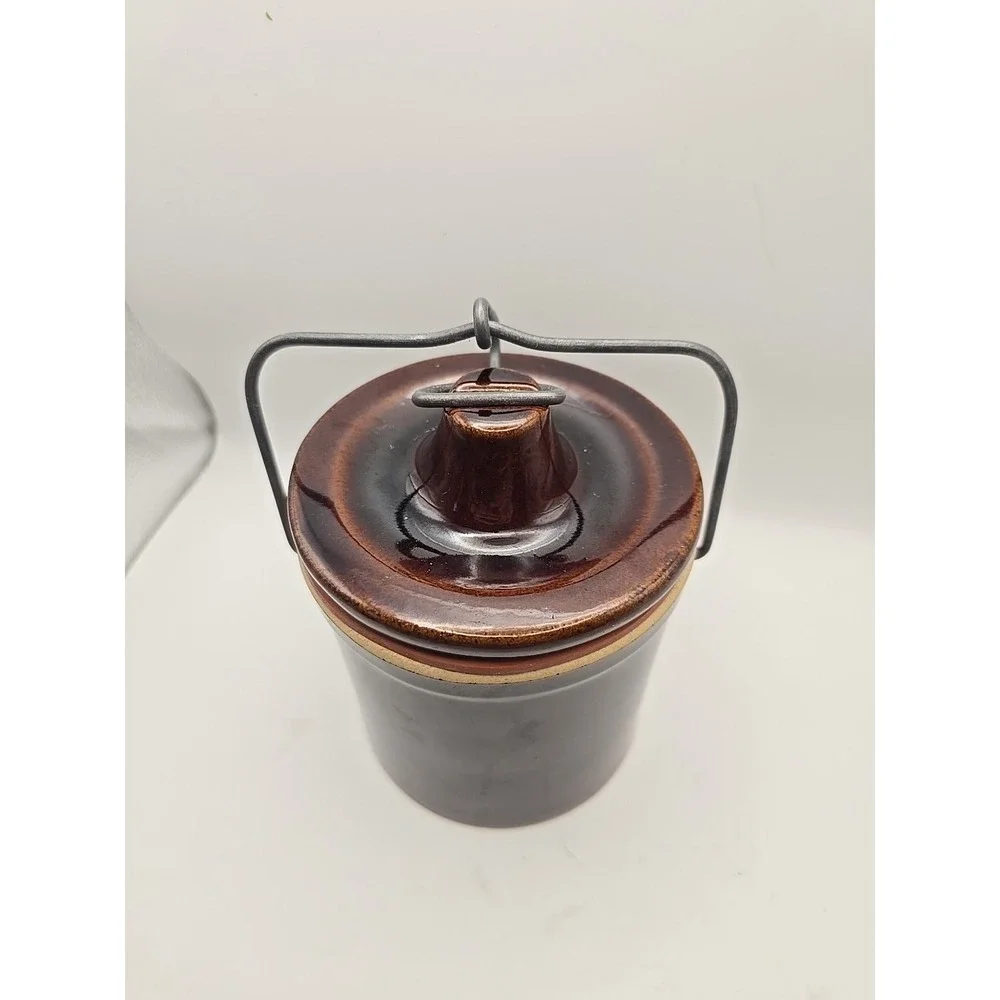 Vintage Brown Glazed‎ Pottery Stoneware Cheese Crock with Clamp Lid Farmhouse